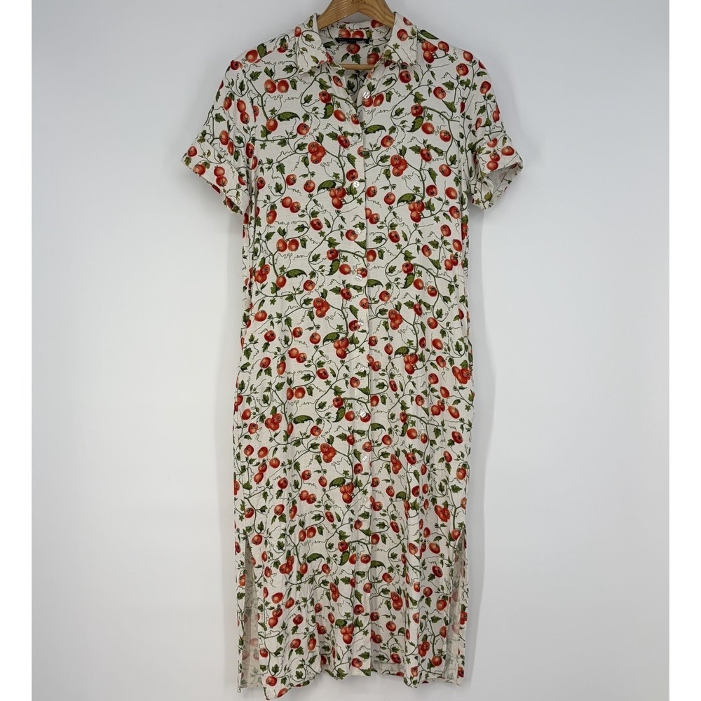 JANE + DELANCEY Tomato Print Midi Shirt Dress S Linen Blend Cottage Garden Natur - Picture 2 of 15